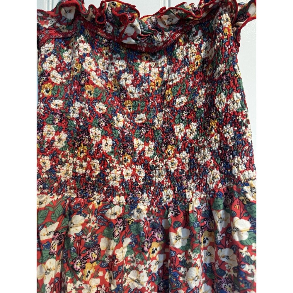 Natural Life Womens M Floral Smocked Maxi Dress Red Boho Cottagecore Rayon Slit - Picture 6 of 9